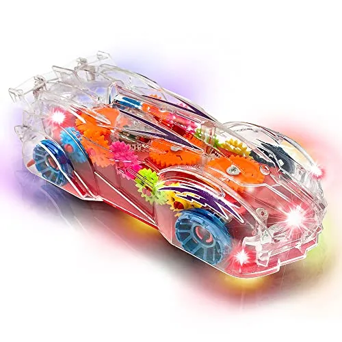Light Up Car Transparent Gear Racer Toy Car for Kids, 1PC, Bump and Go Toy car with Colorful Moving Gears, Music, and LED Effects, Fun kids Car Toys for Boys, Great Birthday gifts For 3 Year Old Boys