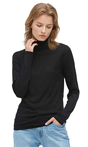 LilySilk Silk Knitted Tee Long Sleeve Turtleneck Womens Sweater Warm Fashion Casual Solid Long Sleeve Black Size S