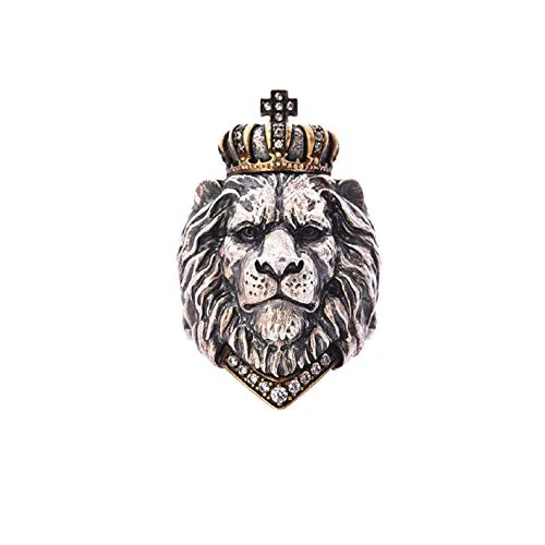 Lion Head Ring for Men, Punk Animal King Crown Lion Ring, Hip Hop Lion Head with Crown Rhinestones Crystal Biker Ring, Lion Totem Ring, Amulet Ring, Gothic Jewelry Gift for Men Boys (11)