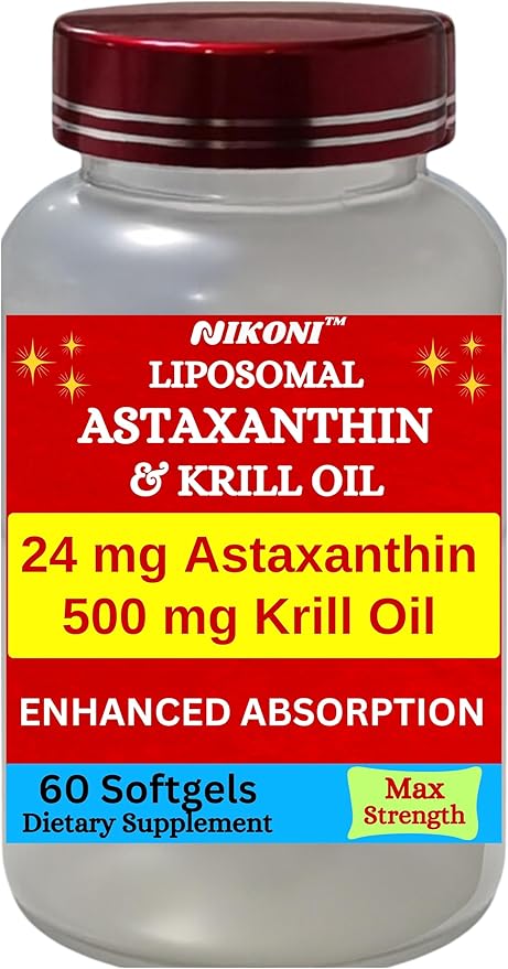 Liposomal Astaxanthin 24mg with Kril Oil 500mg Supplement, 60 softgels