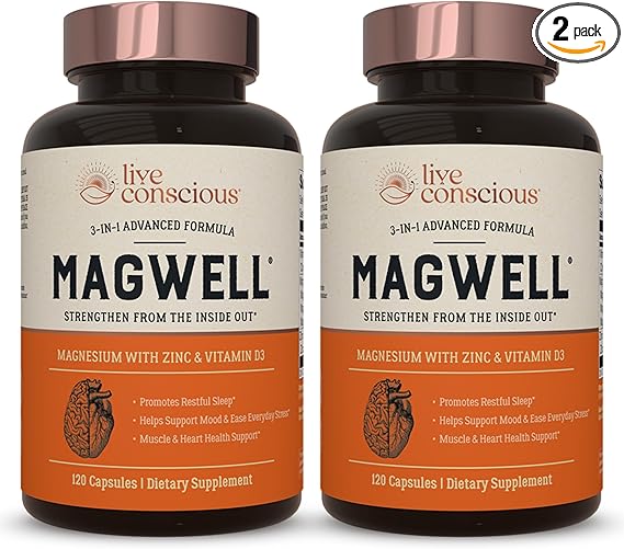 Live Conscious Magnesium Zinc & Vitamin D3 - Bioavailable Forms of Magnesium - Malate, Glycinate, Citrate - MagWell Bone & Heart Health, Immune System Support - 120 Capsules (2-Pack)