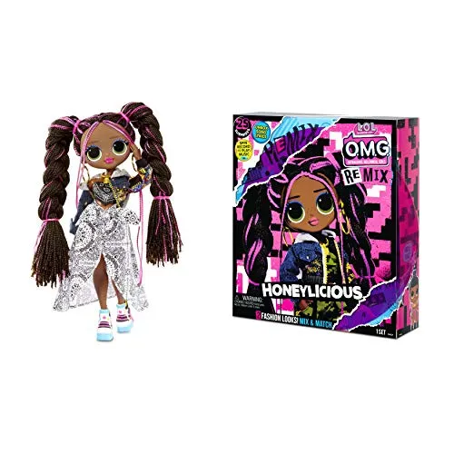 LOL Surprise OMG Remix Honeylicious Fashion Doll, Plays Music with 25 Surprises Including Shoes, Hair Brush, Doll Stand, Magazine, and Record Player Package - for Girls Ages 4+