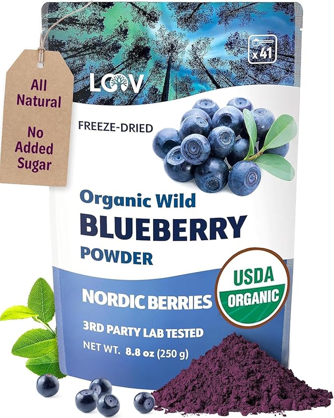 LOOV Organic Wild Blueberry Powder, Wild-Crafted from Nordic Forests, 100% Whole Fruit Bilberry, Raw, 52-Day Supply, 8.8 Ounces, Freeze-Dried and Powdered Blueberries, no Added Sugar