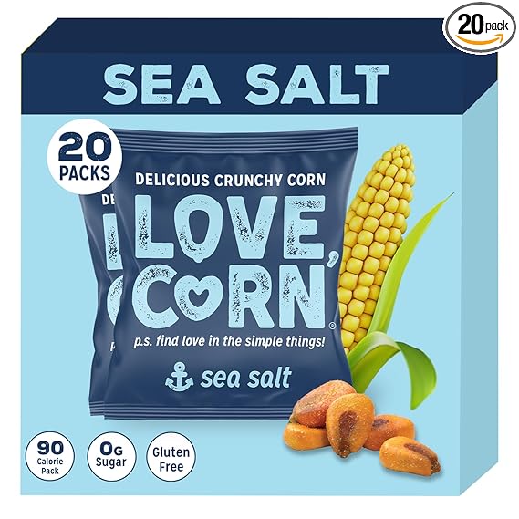 LOVE CORN Sea Salt 0.7oz x 20 Bags - Delicious Crunchy Corn - Healthy Family Snacks - Gluten Free, Kosher, NON-GMO - Alternative for Chips, Nuts, Crackers & Pretzels - Perfect for Charcuterie Boards