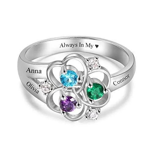 Love Jewelry Personalized Mother Daughter Rings with 3 Simulated Birthstones Names Flower Rings for Women Promise Rings for Her (Silver, 9)