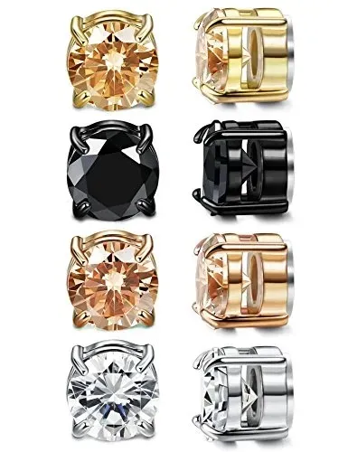 LOYALLOOK 4 Pairs Unisex Round CZ Inlaid Magnetic Earrings Non-Piercing Clip On Stud Earrings 4 Mixed Colors 6MM Round
