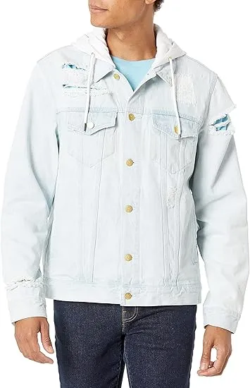 LRG Men's Lifted Research Collection Hooded Denim Jacket, Bleach Wash, L