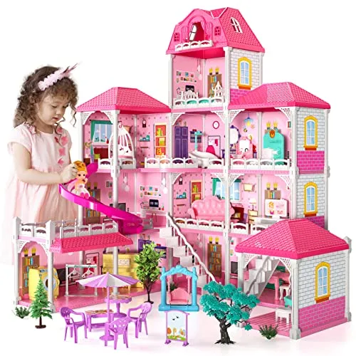 Lucky Doug Dollhouse Dreamhouse for 3 4 5 6 7 Years Old and Older Girls Toddler, DIY Doll House Girl Toys with Dolls and Furniture Accessories, Doll House Dreamhouse Christmas Birthday Gifts for Girls