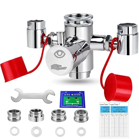 Lunarlipes Faucet Mounted Eyewash Station Kit, Emergency Eye Wash Unit, OSHA Approved First Aid Eye Flush Kit, 1x Eyewash Station, 4X Adapters, 2X Inspection Tags, 1x Emergency Eye Wash Station Sign