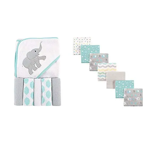 Luvable Friends Unisex Baby Hooded Towel with Five Washcloths, Ikat Elephant, One Size and Luvable Friends Unisex Baby Cotton Flannel Receiving Blankets, Basic Elephant, One Size