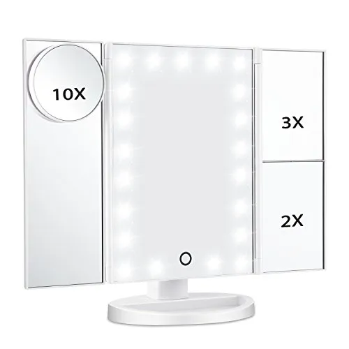 Magicfly Vanity Mirror Lighted Makeup Mirror 10X 3X 2X 1X Magnifying Mirror with 21 LED Lights, Trifold Mirror with Touch Screen, Adjustable Brightness & Stand, Dual Power Supply Mode, White