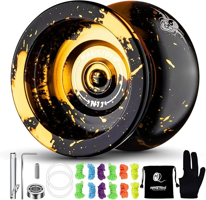 MAGICYOYO Dual Purpose Yoyo N11 - Responsive Yo Yo for Kids 8-12 or Above & Unresponsive Bearing Kit for Advanced Edge Hook Finger Spin with Yo Yo Glove + Bag + 12 Yoyo Strings (Black Golden)