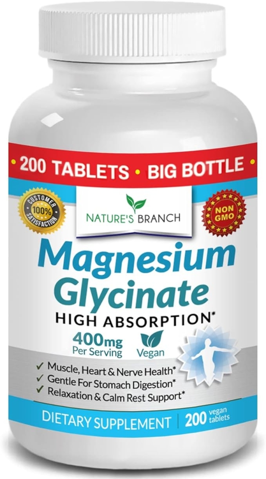 Magnesium Glycinate 400 mg - 200 Tablets - High Absorption, Non Buffered Bisglycinate Mag Supplement for Sleep, Leg Cramps, Heart, Ease Muscles, Calm Headaches for Women and Men, Non Powder Capsules