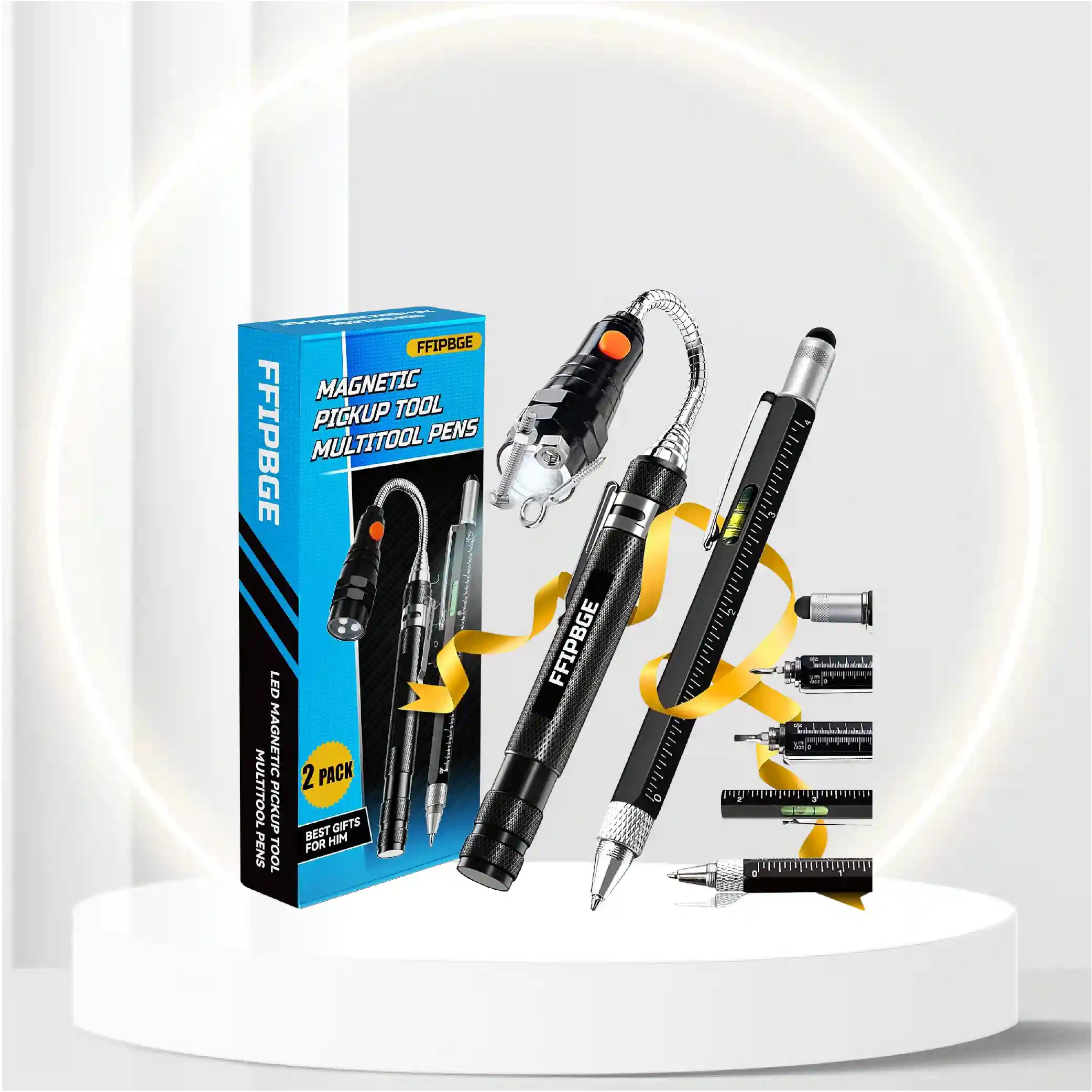 Magnet Pickup Tool with Telescoping Magnetic Flashlight and 6 in 1 Multitool Pen with Rulers, Bubble Level, Screwdrivers, and Ballpoint, Christmas Stocking Stuffers Gifts for Men, Dad, Husband