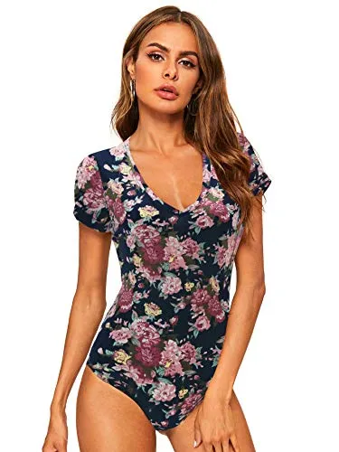 MakeMeChic Women's Short Sleeve Tops Basic V-Neck Leotard Bodysuit Jumpsuit Floral Navy L