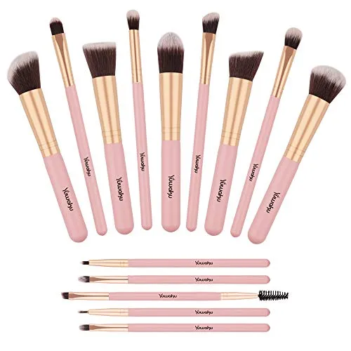 Makeup Brushes Set, Yuwaku Premium Synthetic 14pcs Kabuki Make Up Brush, Pink Foundation Powder Concealers Blush Eyeliner Eye Shadows Cosmetic Kit
