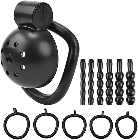 Male Chastity Device Tease Locked Cock Cage Penis Exercise for Men consisting of 5 Rings and 3 Pads Black