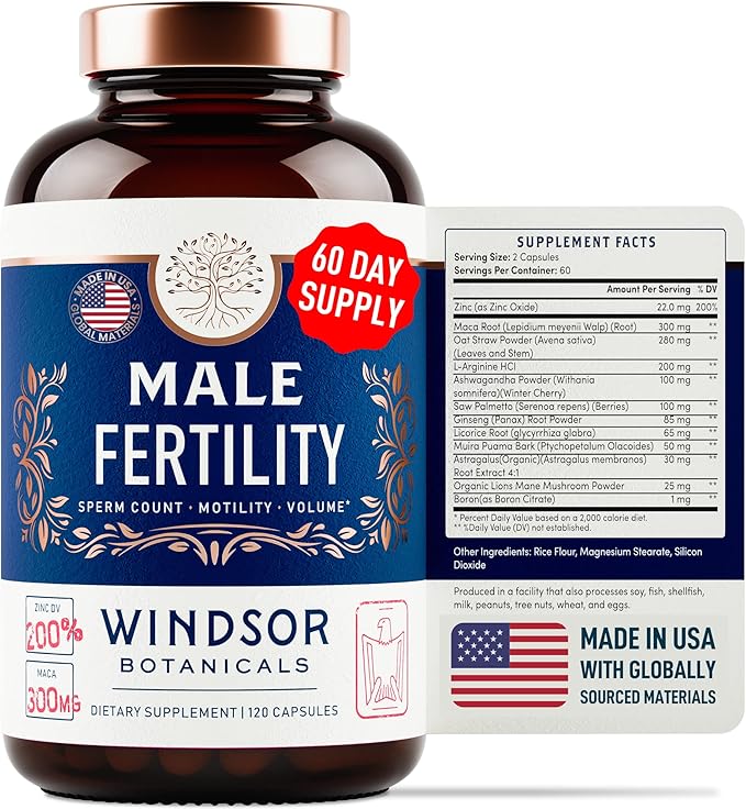 Male Fertility Supplement by Windsor Botanicals - Male Reproductive Health Support - Improved Sperm Count, Motility and Volume - Concentrated Multi Vitamin Mineral - 60 Gluten-Free, Non-GMO Capsules