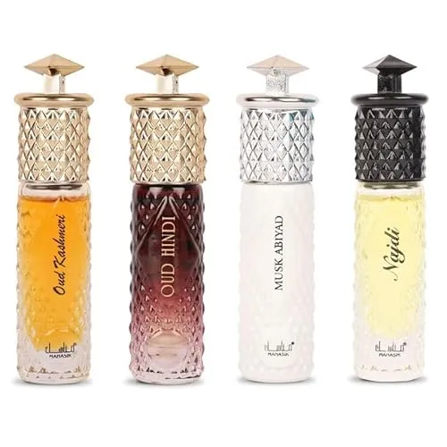 Manasik Set of 4 Premium Attar, Oud Kashmeri, Oud Hindi, Musk Abiyad & Najdi Fresh & Soothing Fragrance, Long Lasting Roll on Itra For Men & Women, 6ml Each