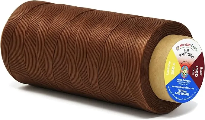 Mandala Crafts Brown Flat Waxed Thread for Leather Sewing - 273 Yds 150D 0.8mm Polyester Leather Thread String Waxed Cord for Leatherwork, Beading, Bookbinding, Hand Stitching