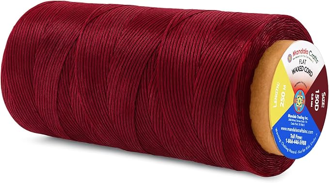 Mandala Crafts Maroon Flat Waxed Thread for Leather Sewing - 273 Yds 150D 0.8mm Polyester Leather Thread String Waxed Cord for Leatherwork, Beading, Bookbinding, Hand Stitching