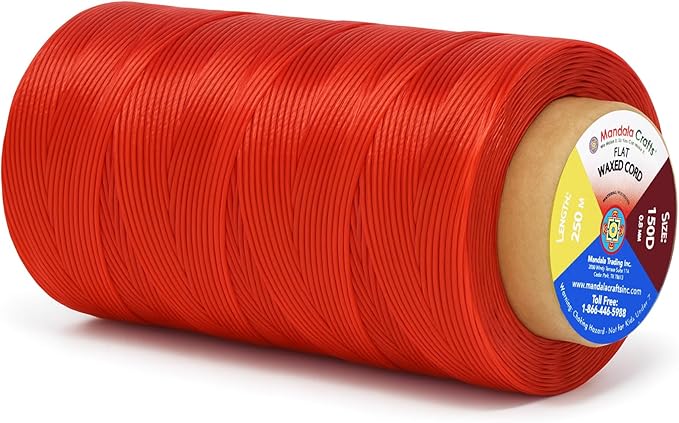 Mandala Crafts Red Flat Waxed Thread for Leather Sewing - 273 Yds 150D 0.8mm Polyester Leather Thread String Waxed Cord for Leatherwork, Beading, Bookbinding, Hand Stitching