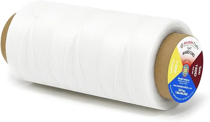 Mandala Crafts White Flat Waxed Thread for Leather Sewing - 273 Yds 150D 0.8mm Polyester Leather Thread String Waxed Cord for Leatherwork, Beading, Bookbinding, Hand Stitching