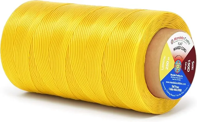 Mandala Crafts Yellow Flat Waxed Thread for Leather Sewing - 273 Yds 150D 0.8mm Polyester Leather Thread String Waxed Cord for Leatherwork, Beading, Bookbinding, Hand Stitching