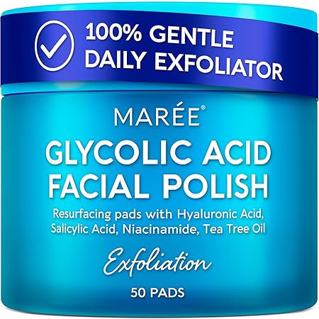 MAREE Glycolic Acid Pads - Toner Pads for Face Cleansing - Exfoliating Pad with Tea Tree Oil, Salicylic Acid & Vitamins E, B3, B5 - Acne Clearing, Skin Pore Resurfacing & Radiance Device - 50 Count