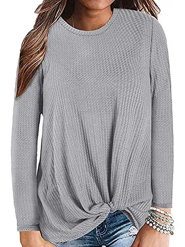 MarinaPrime Waffle Knit Shirt Twist Knot Pullover Womens Waffle Tops Long Sleeves-M,Light Grey
