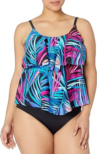 Maxine Of Hollywood Women's Plus-Size 2-Tiered Ruffle Tankini Swimsuit Top, White, 20W