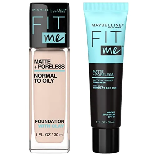 Maybelline Fit Me Matte + Poreless Liquid Foundation Natural Ivory and Fit Me Mattifying Primer Bundle