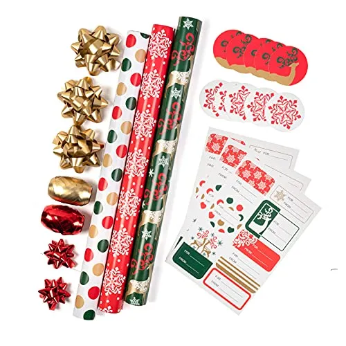 MAYPLUSS Christmas Wrapping Paper Set Mini Roll with Bow & Ribbon & Gift Tags & Stickers 17 inch X 120 inch Per roll - Red & Green Design (42.3 sq.ft.TTL)