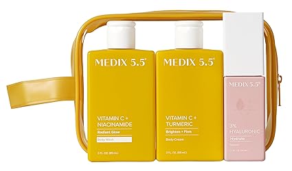MEDIX Vitamin C Cream + Wash + Hyaluronic Acid Serum 3PC Travel Kit Skin Care Set - Vitamin C Body Lotion & Body Wash + 3% Hyaluronic Serum Skincare Set To Improve Look Of Dark Spots & Dry Skin, 3PC
