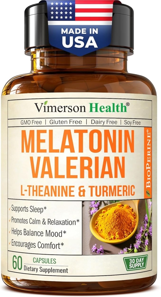 Melatonin Sleep Aid with L Theanine & Valerian Root â Turmeric Supplement â Turmeric Curcumin with Ginger & Black Pepper â L-Theanine & Melatonin 3mg for Sleep, Calm and Stress Relief â 60 Capsules