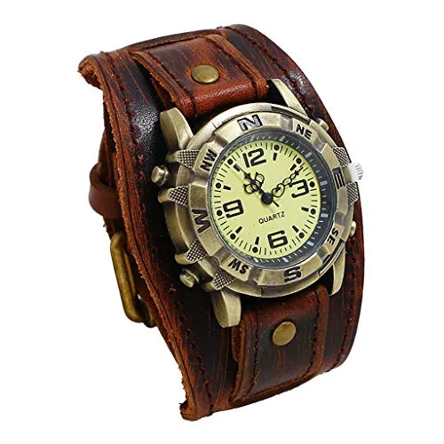 Men's Leather Casual Quartz Watch, Punk Retro Simple Fashion Buckle Strap Leather Casual Cuff Watch (Coffee)