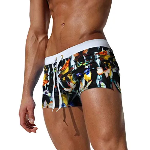 Men's Swim Briefs Square with Pocket Swim Boxer Briefs Salent Retro Swimming Brief Drawstring Quick Dry Swim Briefs Black