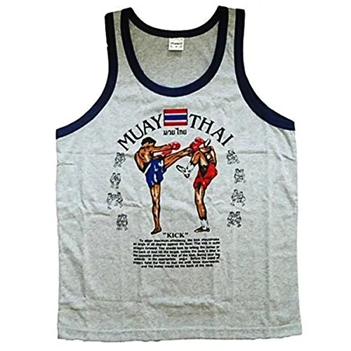 Men's Tank Top Singlet Vest Gym Muay Thai Men T-shirt Cotton 100% Made in Thailand (Grey, M)