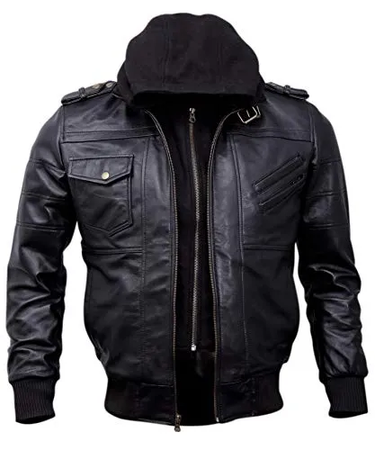 Mens Genuine Black Hooded Bomber Leather Jacket | Real Lambskin Waxed Brown Leather Jackets for Men with Removable Hood (Black, X-Large (Body Chest 46