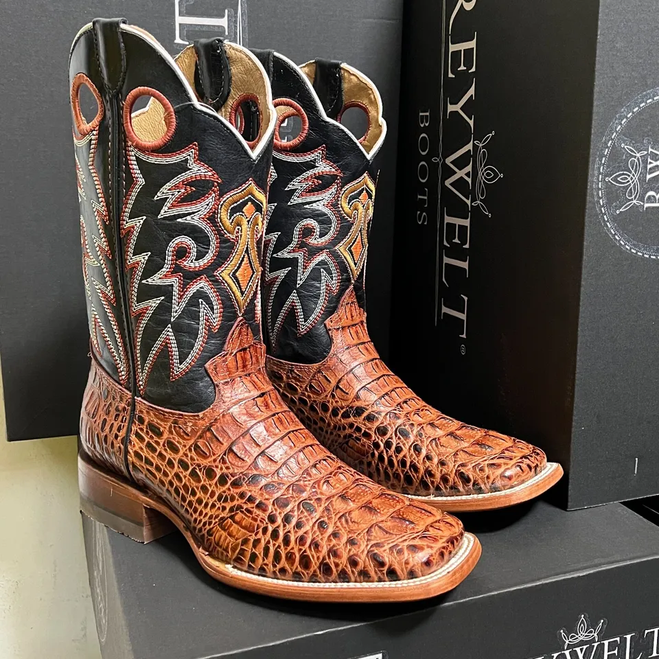 MENS REYWELT COWBOY ALLIGATOR PRINT LEATHER SOLES WESTERN RANCH SYTLE BOOTS