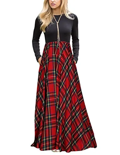 MEROKEETY Women's Plaid Long Sleeve Empire Waist Full Length Maxi Dress with Pockets,Red#1,Medium
