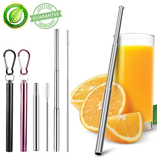 Metal Straws Collapsible Straws, 2 Pack Reusable Straws Food-Grade Portable Stainless Steel Metal Telescopic Drinking Straws with Travel Aluminum Case & Cleaning Brush & Keychain (Black+Rose Gold)