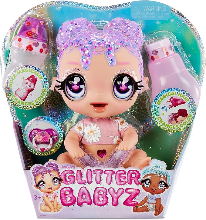 MGA Entertainment Glitter BABYZ Lila Wildboom Baby Doll with 3 Magical Color Changes, Purple Hair , Flower Outfit, Diaper, Bottle, Pacifier Gift for Kids, Toy for Girls Boys Ages 3 4 5+ Years Old