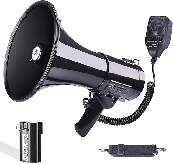 MGROLX 50W Professional Bluetooth Megaphone Bullhorn Speaker with Detachable Microphone-Rechargeable Battery&Portable Strap-Siren and 260S Recording-USB/SD/AUX Input-for Police, Cheerleading, Outdoor