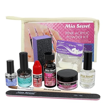 MIA SECRET Pink Acrylic Nail Kit - Full Kit With Powder, Liquid Monomer, Primer, Glue, Top Coat, 20 Nail Tips, Brush, Emery Block, File