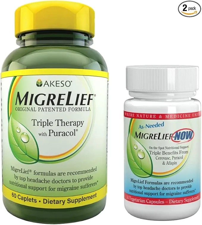 MigreLiefÂ® Nutritional Support Kit for Migraine & Headache Sufferers Original Daily Formula Now Fast-Acting/As-Needed Formula - Supplement Bundle Pack - 1 Month Supply