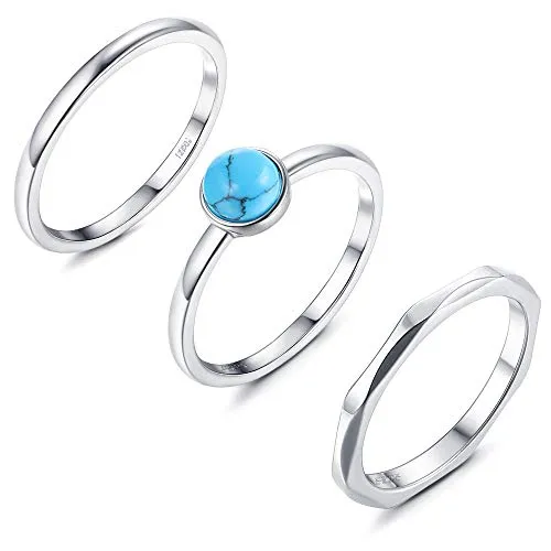 Milacolato 3Pcs 925 Sterling Silver Turquoise Hammered Band Stackable Ring Set for Women Platinum Plating Smooth Fashion Midi Rings Comfort Fit Size 5 to 9, 9