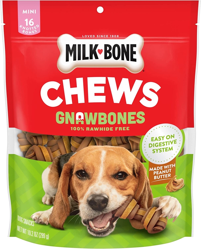 Milk-Bone Gnaw Bones Rawhide Free Chew Treats for Dogs, Peanut Butter & Chicken, 16 Mini Knotted Bones