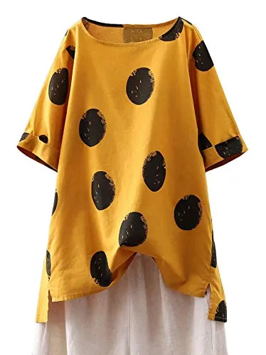 Minibee Women's Button Down Tunic Tops Polka Blouse Cotton Shirt Short Sleeve Yellow L