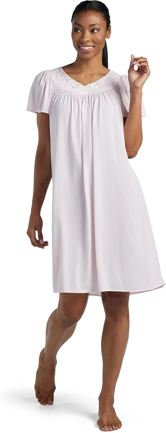 Miss Elaine Women's Tricot Short Flutter Sleeve Nightgown, Pink, Medium